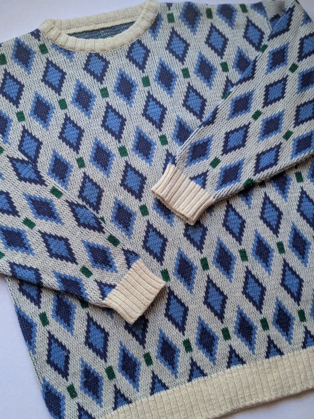 Vintage White/Blue Multi Made in Italy Diamond AOP Crewneck Wool Blend Sweater